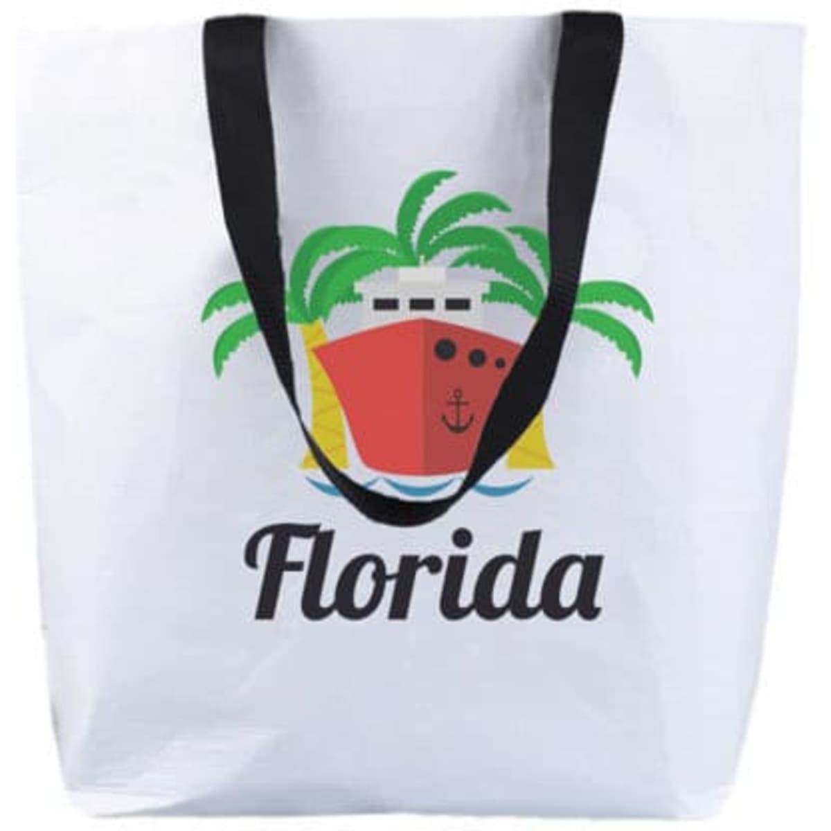 A white tote bag with black handles featuring palm trees and a red boat graphic, along with the word "Florida."