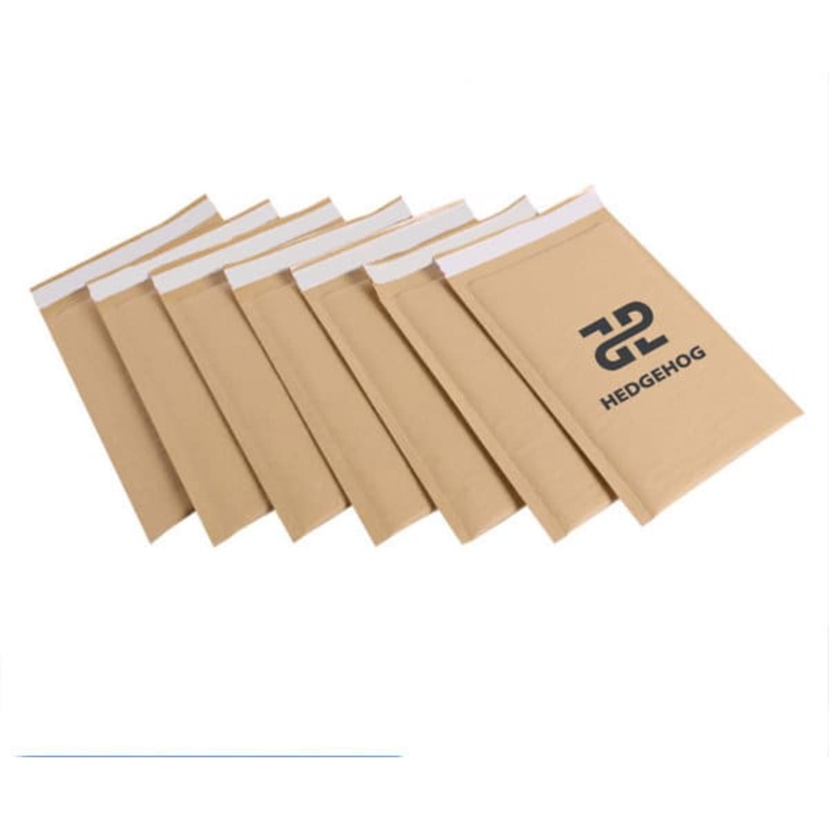 Kraft paper bubble envelope bags in a natural brown colour, featuring a logo, arranged neatly in a stack.