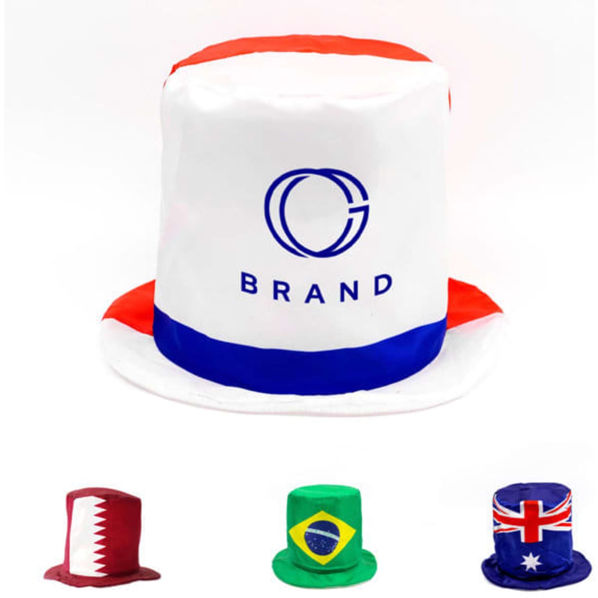 A custom top hat in red, white, and blue with a logo, accompanied by smaller hats in various colours.