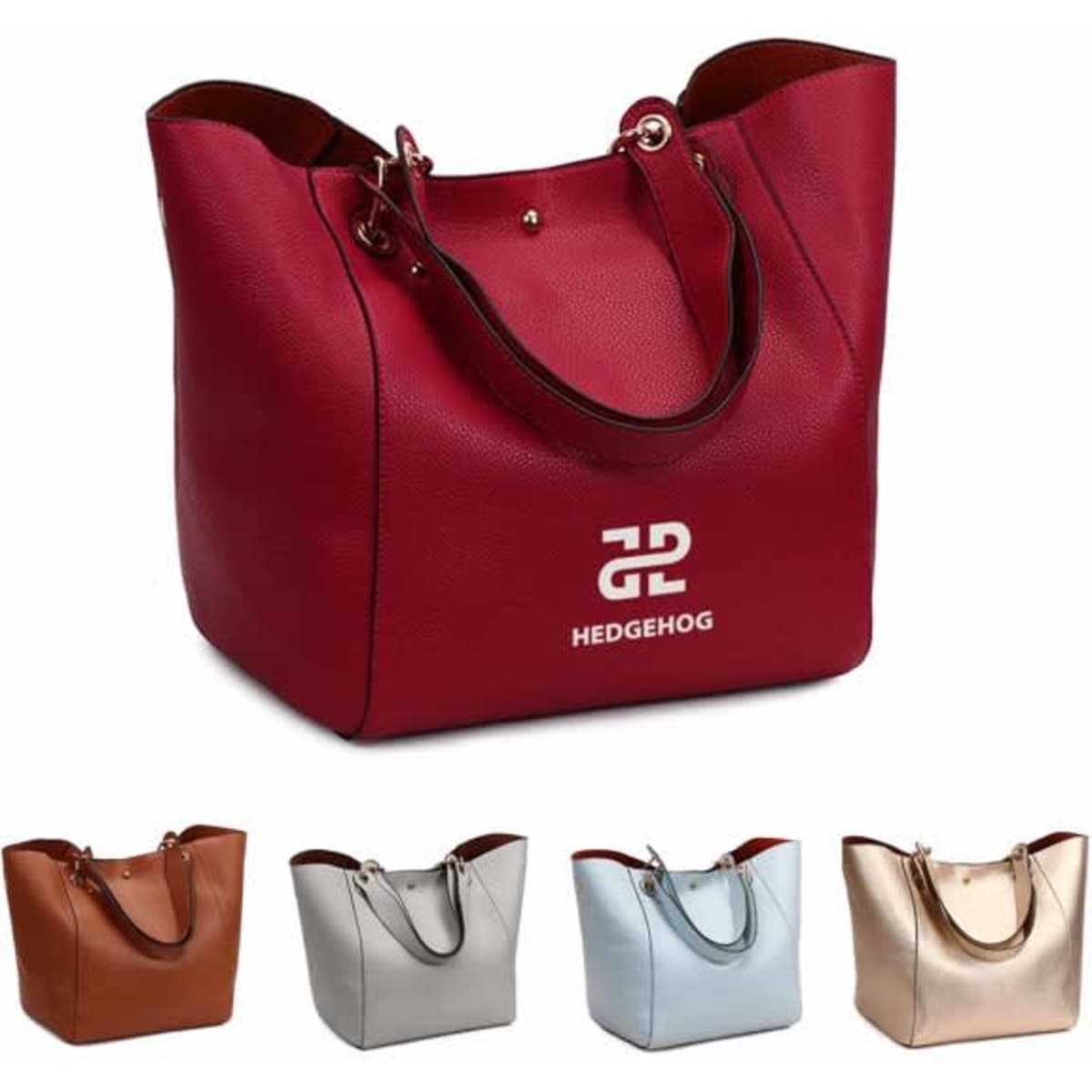 A red PU handbag with handles and a logo, alongside three other handbags in brown, silver, and gold.