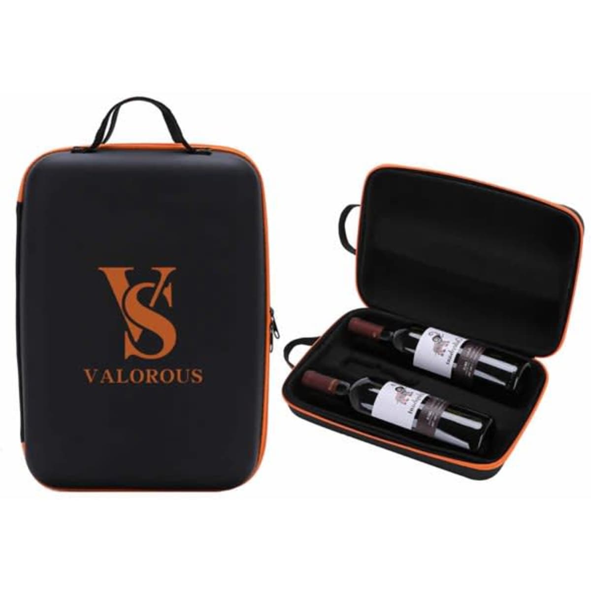 A drink bottle travel bag in black with orange accents, featuring space for two wine bottles and a logo.