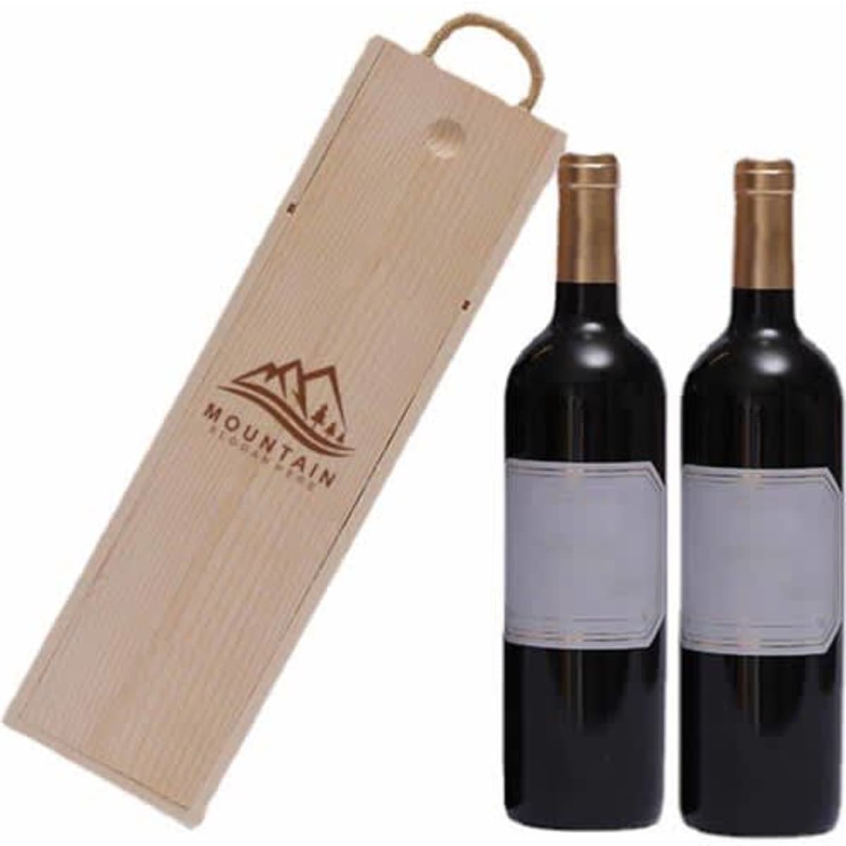 A wooden gift box in light wood colour, containing two dark wine bottles, featuring a logo on the box.