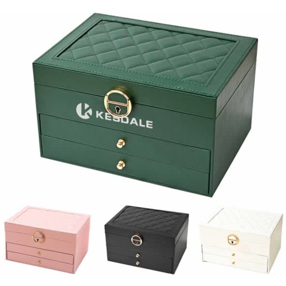 A three-layer jewellery organiser in green, featuring a quilted design, with additional colours in pink, black, and white.