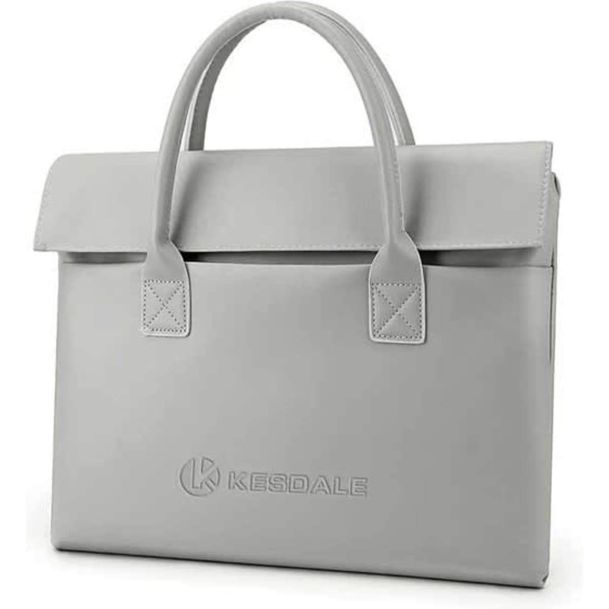 A grey laptop bag with a flap closure and handles, featuring a logo on the front.