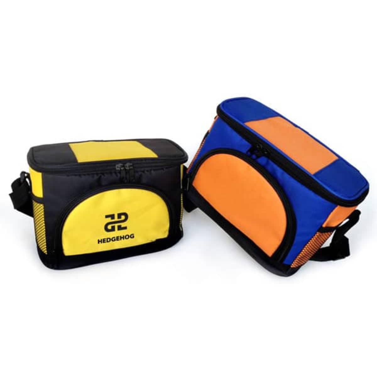 Two insulated lunch bags in yellow, black, orange, and blue, featuring logos and zippered compartments.