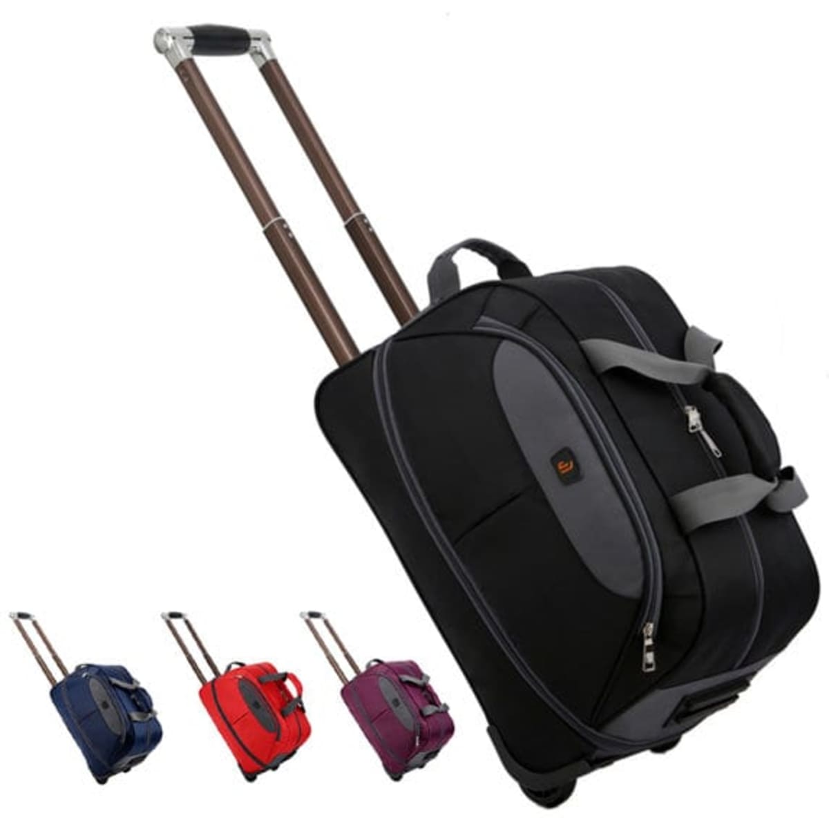 A large capacity wheeled suitcase in black with retractable handle, featuring multiple colour options including red, blue, and purple.