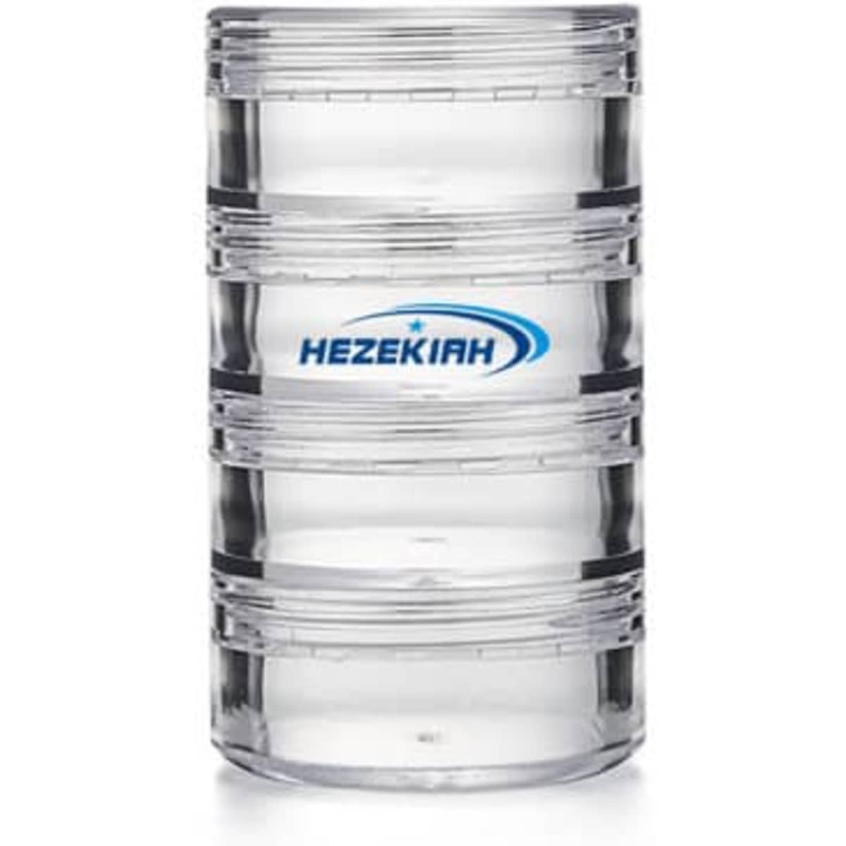 A clear plastic jewellery organiser with four layers and a logo on the front.