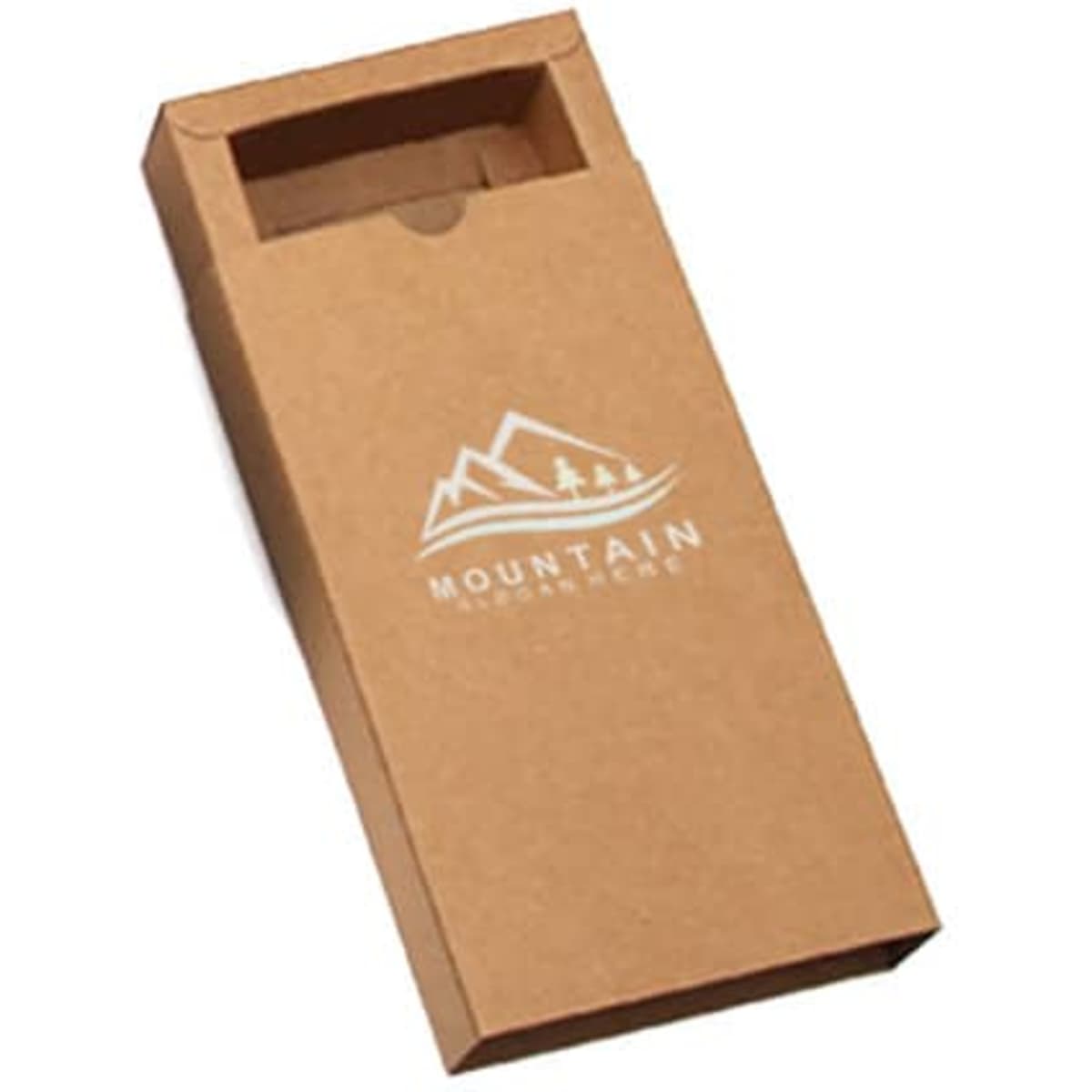 A kraft paper drawer box in a brown shade featuring a logo design with mountain graphics.
