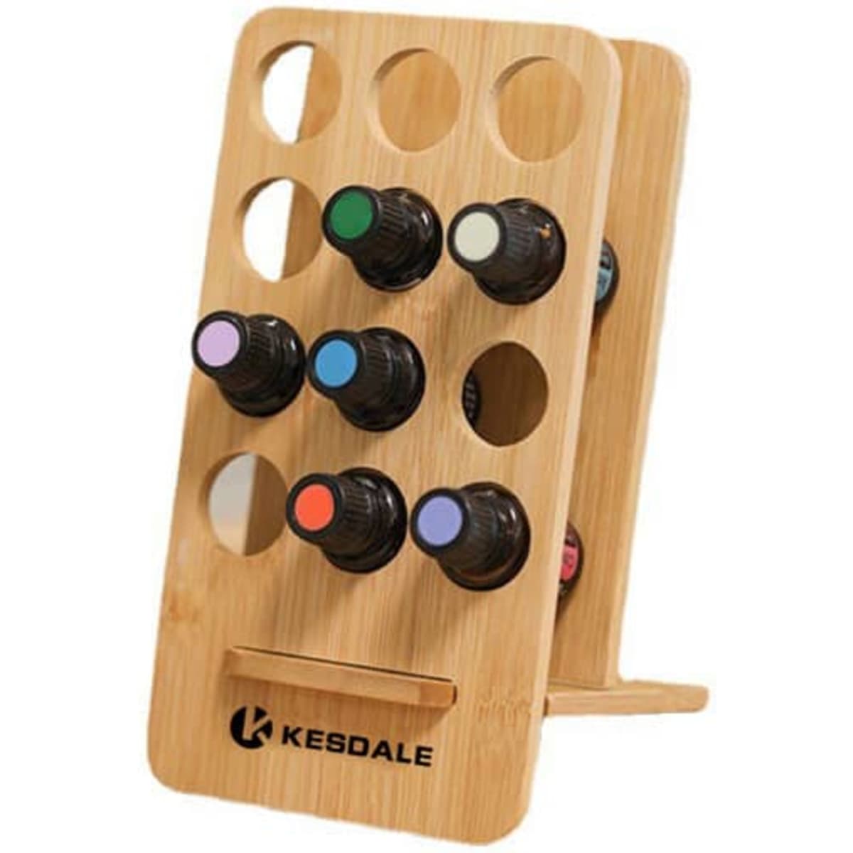 A bamboo essential oil bottle display rack with multiple round holes, showcasing various essential oil bottles in different colours.