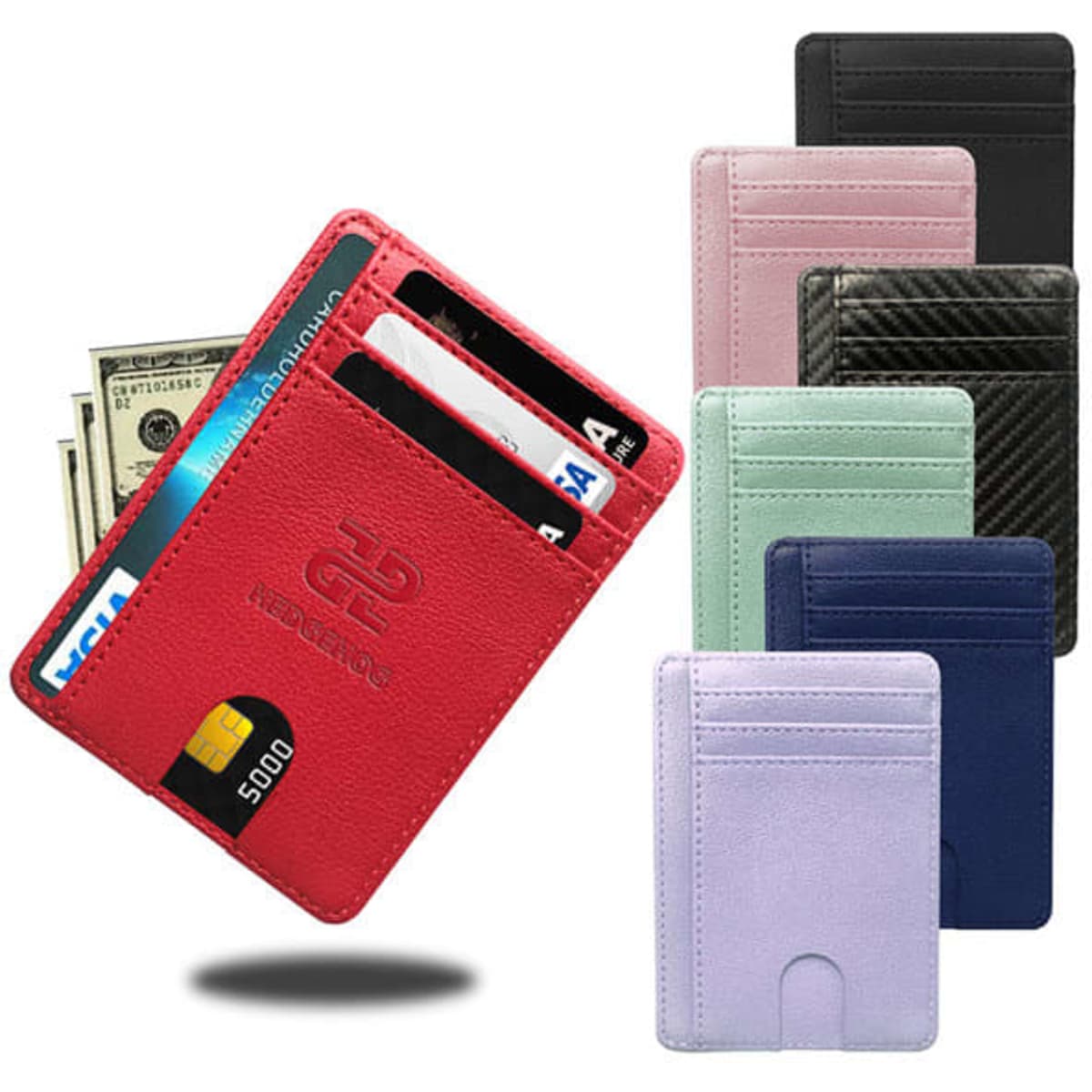 A card holder in various colours with an ID window, featuring slots for cards and cash, and a logo.