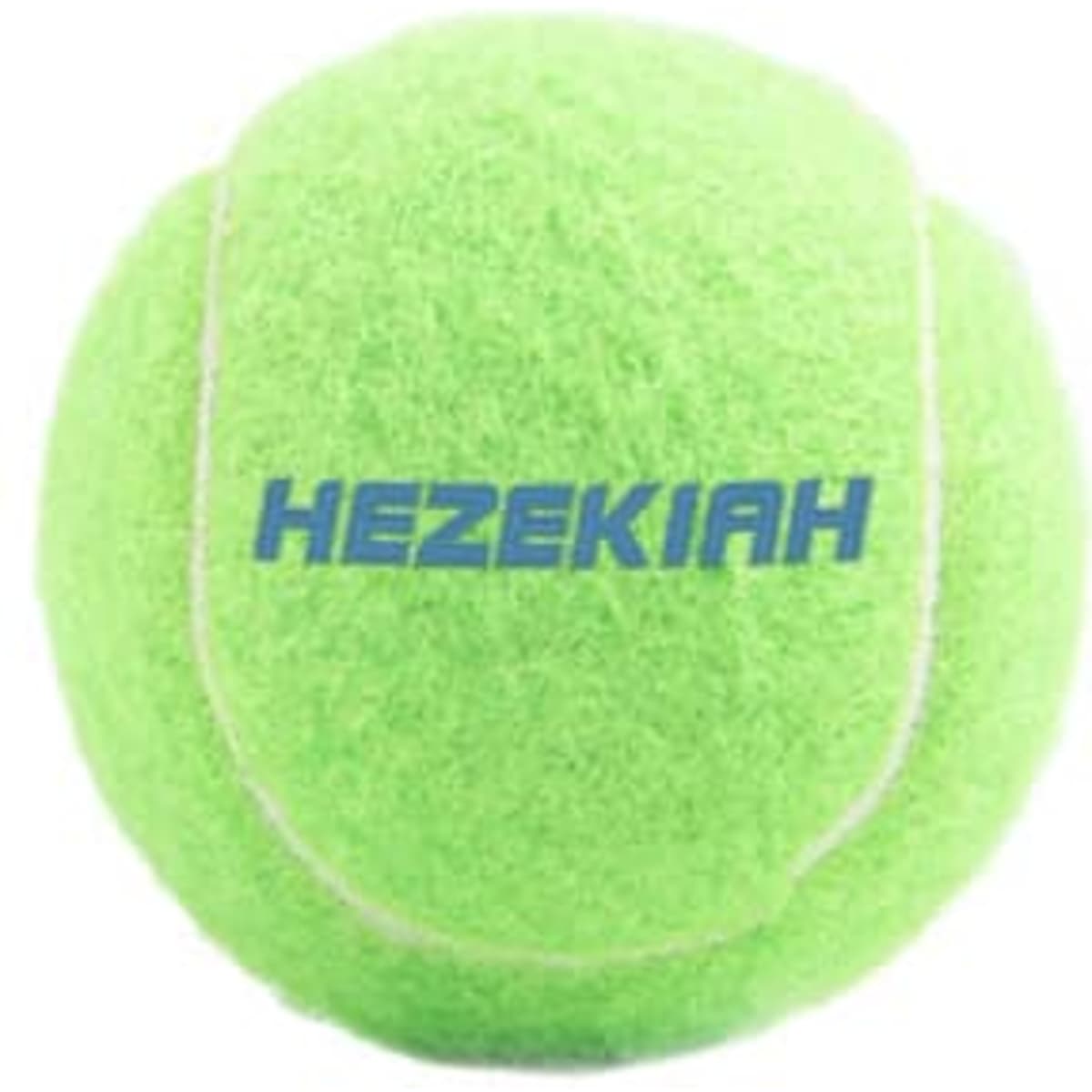A bright green tennis ball with a logo printed on it. The ball features a textured surface typical of tennis balls.
