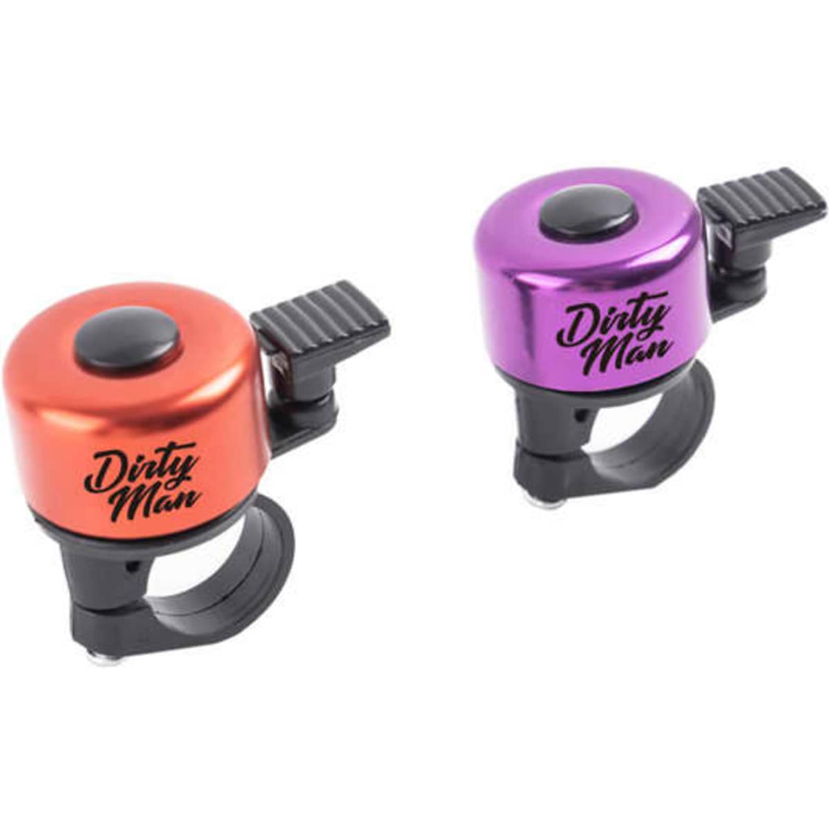 A purple and red cycling bell with a black lever, featuring a branding logo on each.