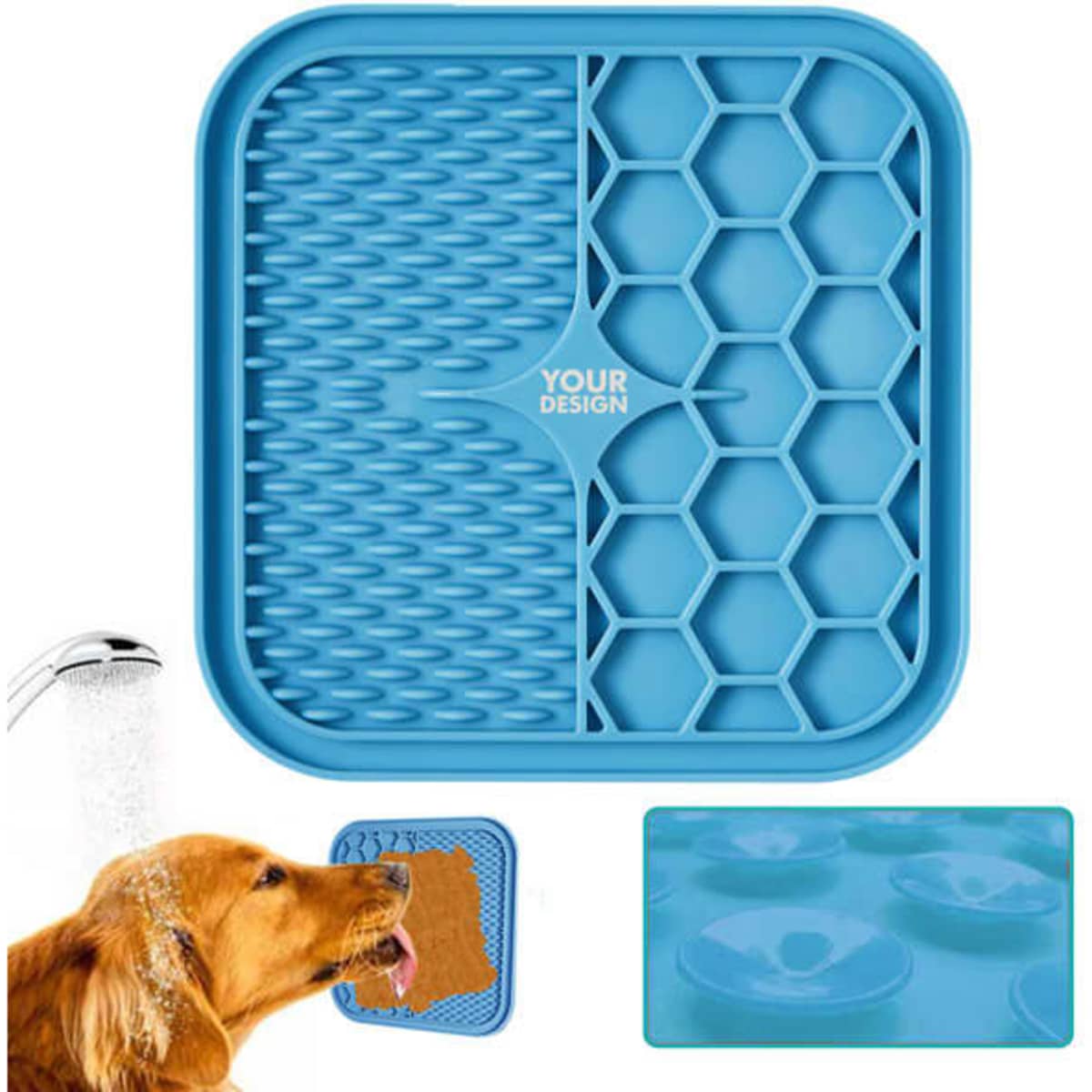 A blue silicone lick mat with various textured surfaces for pets, featuring a hexagonal section and a spatula.