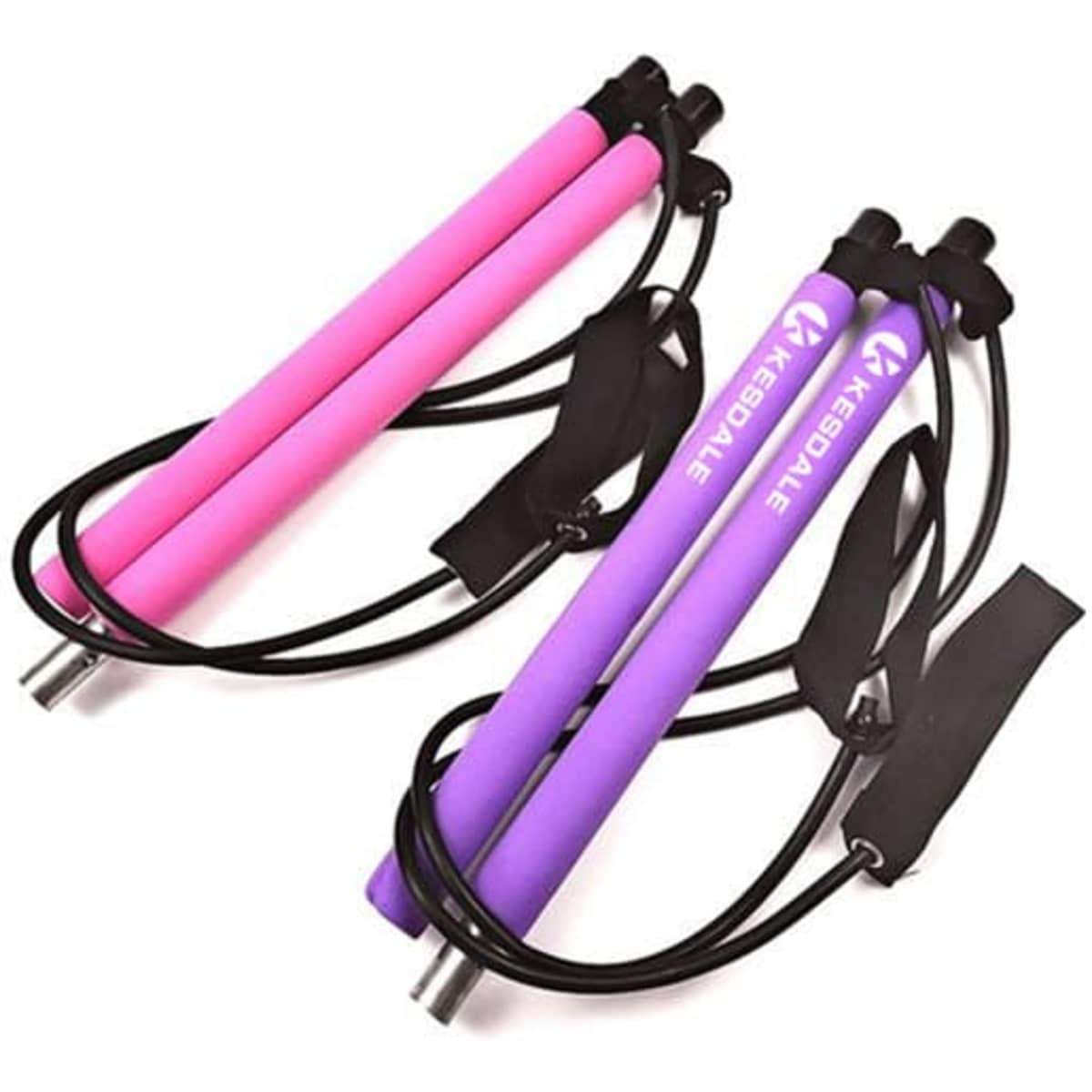 A portable exercise yoga Pilates bar with pink and purple foam grips, featuring straps and a sturdy frame.