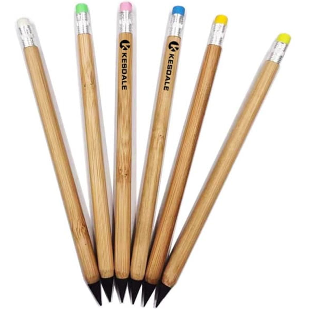 A set of bamboo pencils in various colours: pink, green, yellow, and blue, featuring silver caps and a logo.