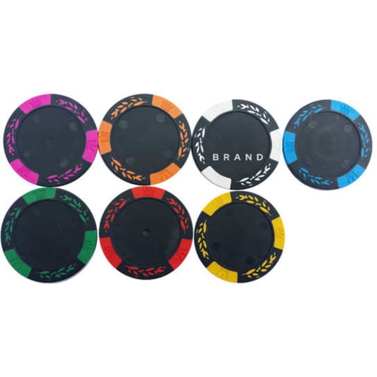 A set of clay poker chips in various colours including pink, black, green, orange, blue, yellow, and white, featuring a logo.