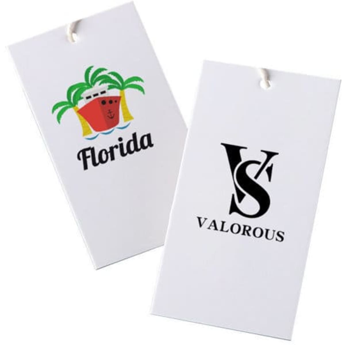 Custom white hang tags featuring a logo and vibrant colours, with illustrations of palm trees and text.