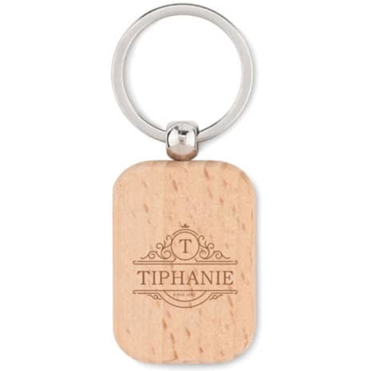 A wooden key chain featuring a rectangular shape with a metallic ring, showcasing a logo on its surface.