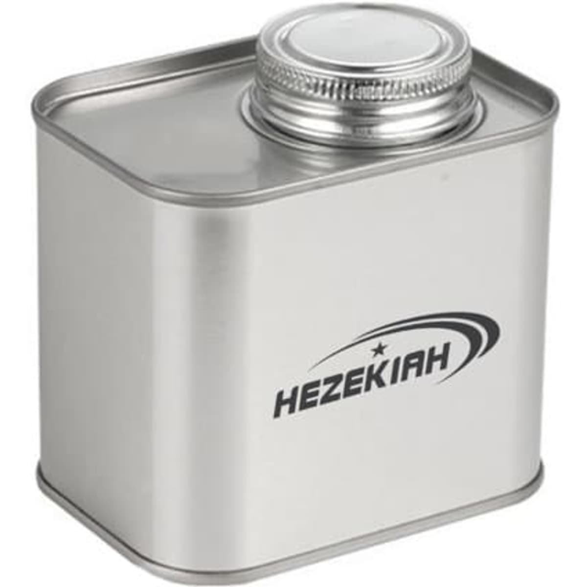 A tinplate coffee storage jar in silver with a screw-on lid and a logo on the front.