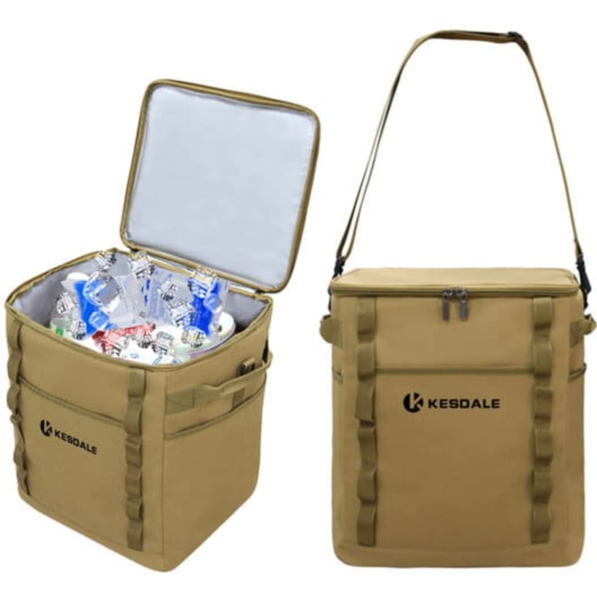 A tan double layer insulated picnic bag with a top zip and a shoulder strap, filled with drink bottles. It has a logo.