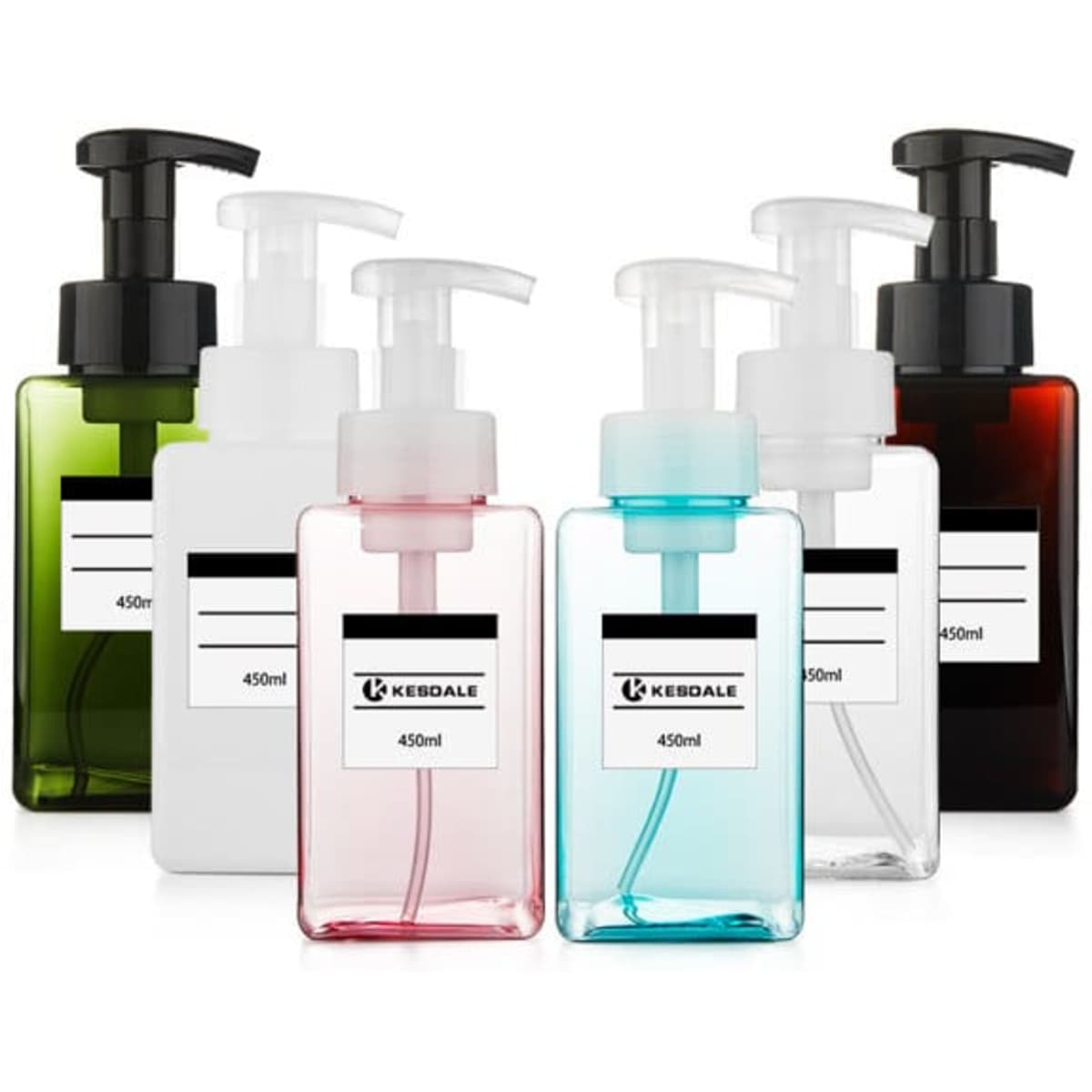 A drink bottle collection featuring six plastic pump bottles in green, white, pink, blue, and dark brown. Each includes a pump top and label.