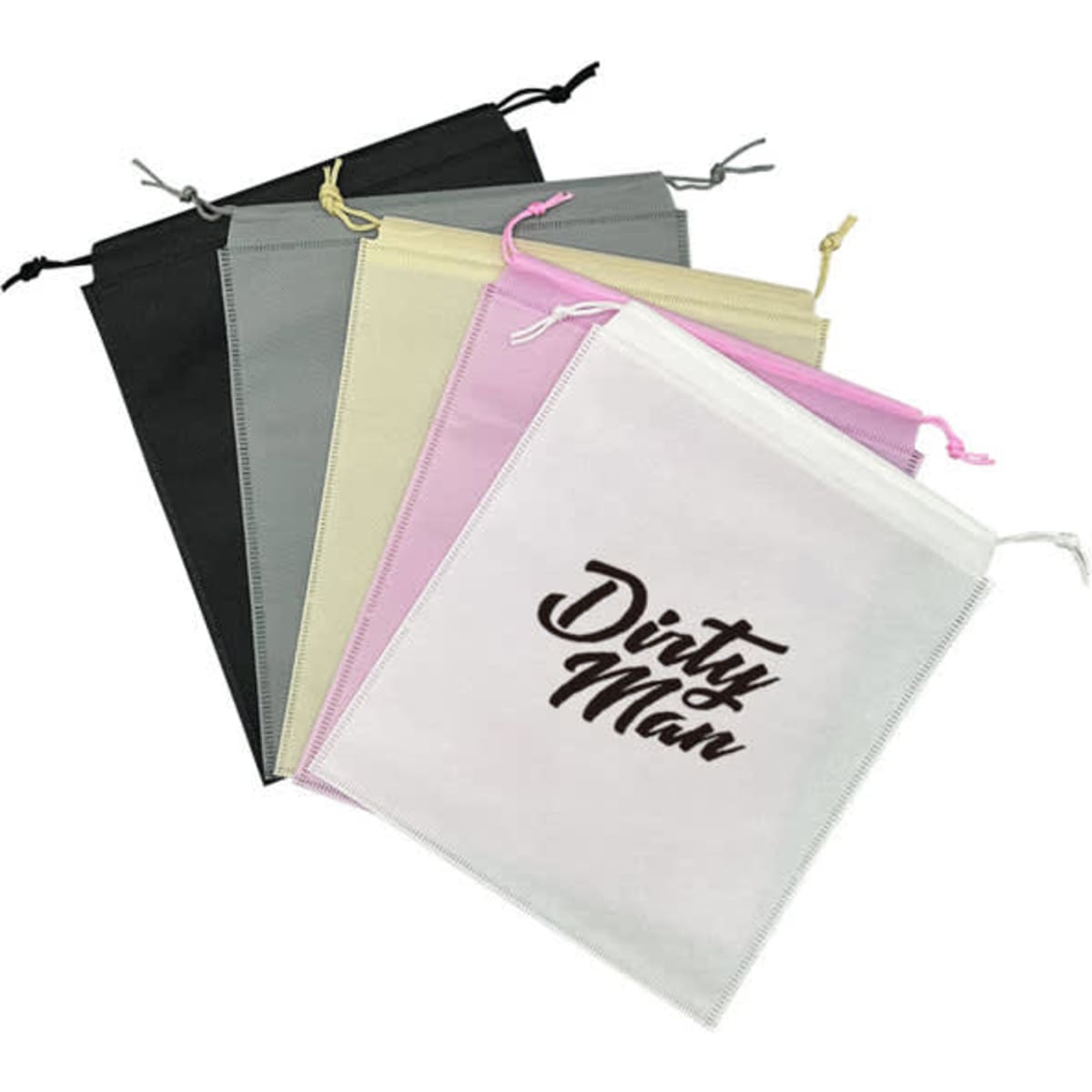 A set of drawstring travel shoe bags in black, grey, beige, pink, and white, featuring a logo on one bag.