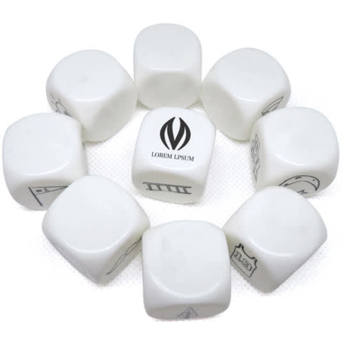 A set of white acrylic dice featuring various designs, arranged in a circular pattern with a logo on one die.