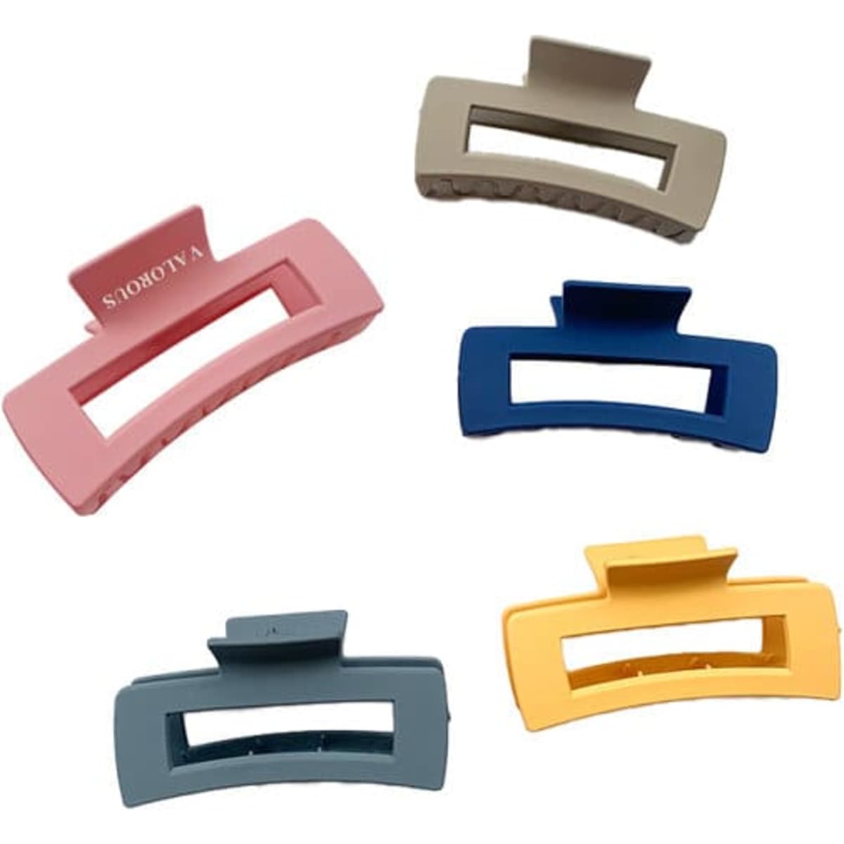 Five plastic square hair claw clips in pink, beige, blue, grey, and yellow, featuring a logo.