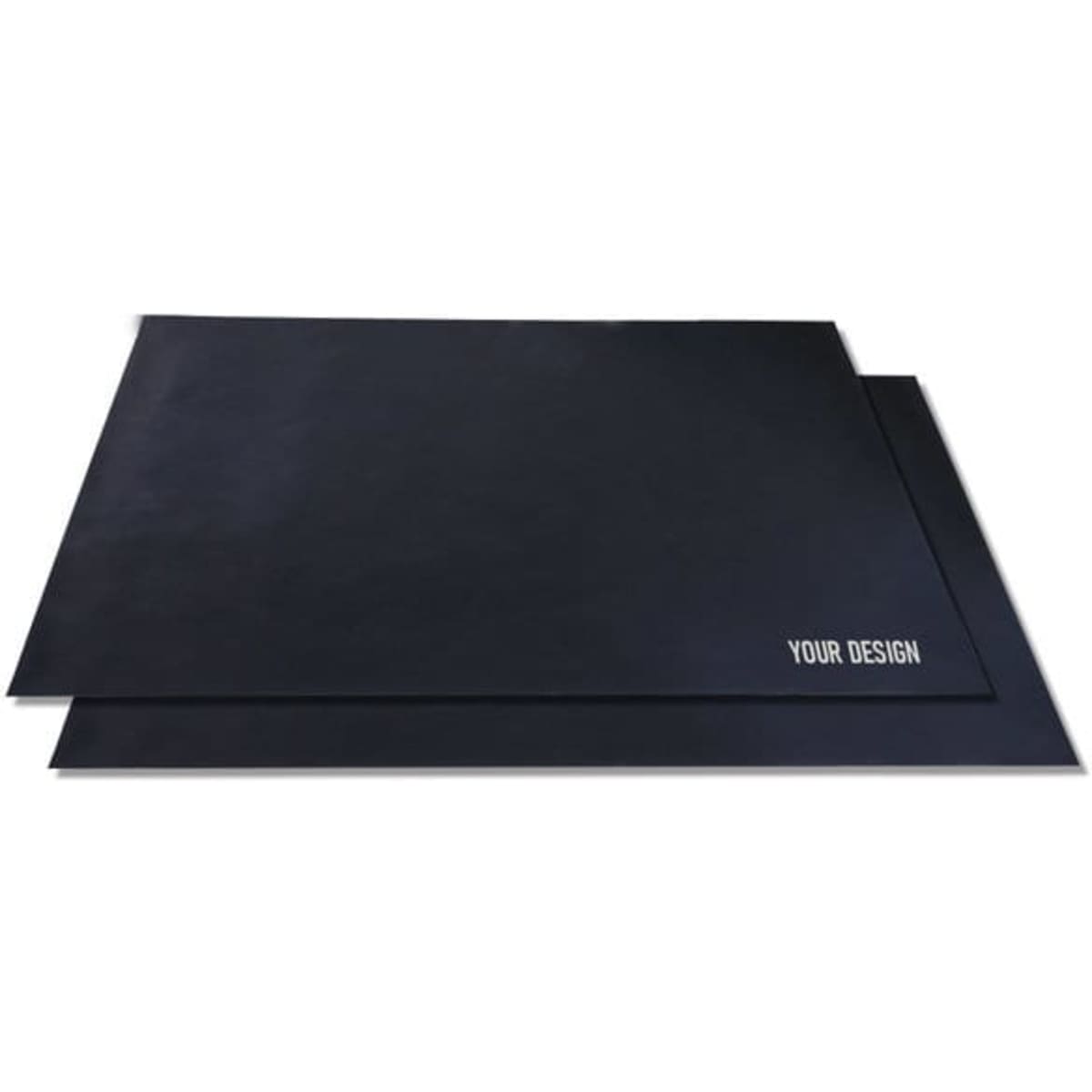 Two reusable non-stick BBQ grill mats in black, featuring a space for custom designs and a logo.