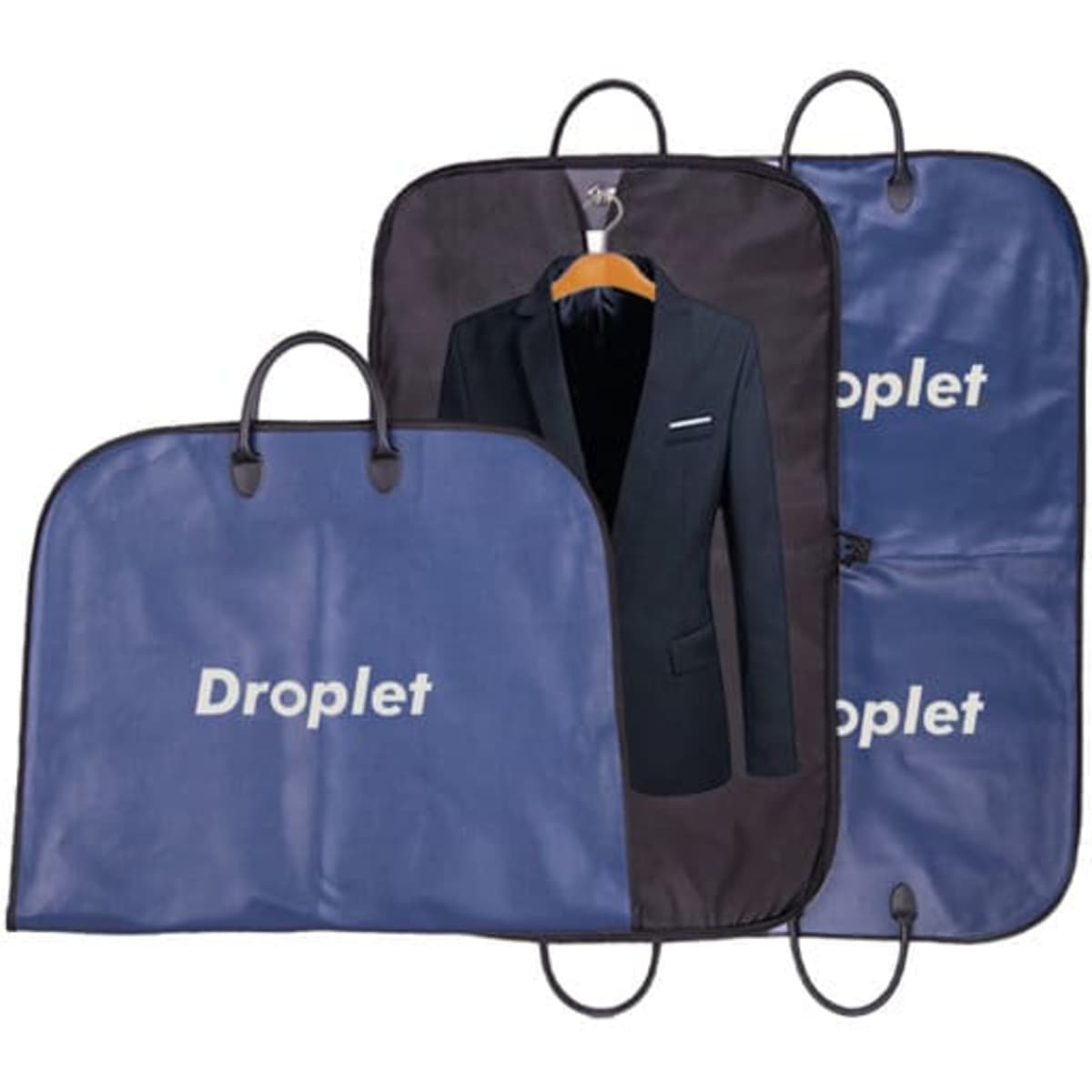 A navy hanging garment bag with two handles and an interior suit display. It features a logo on the front.