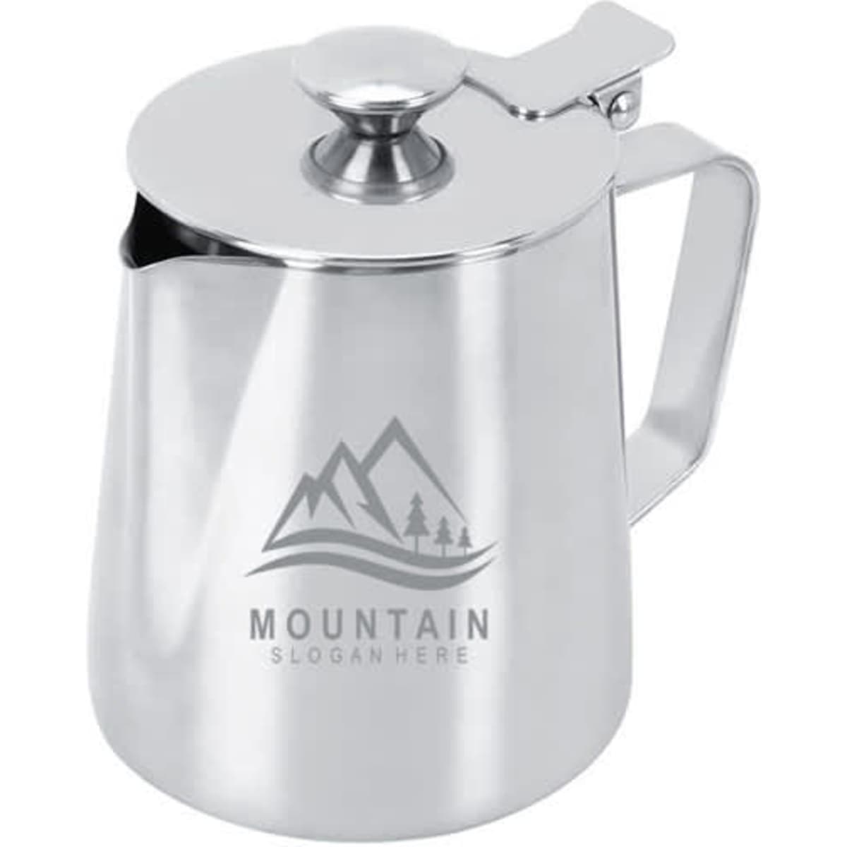 A stainless steel milk frothing jug with a lid, featuring a handle and a logo. Ideal for frothing milk.