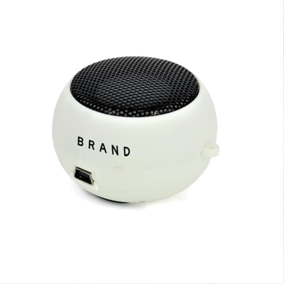 A mini hamburger-shaped music speaker in white with a black mesh top and a branding logo.