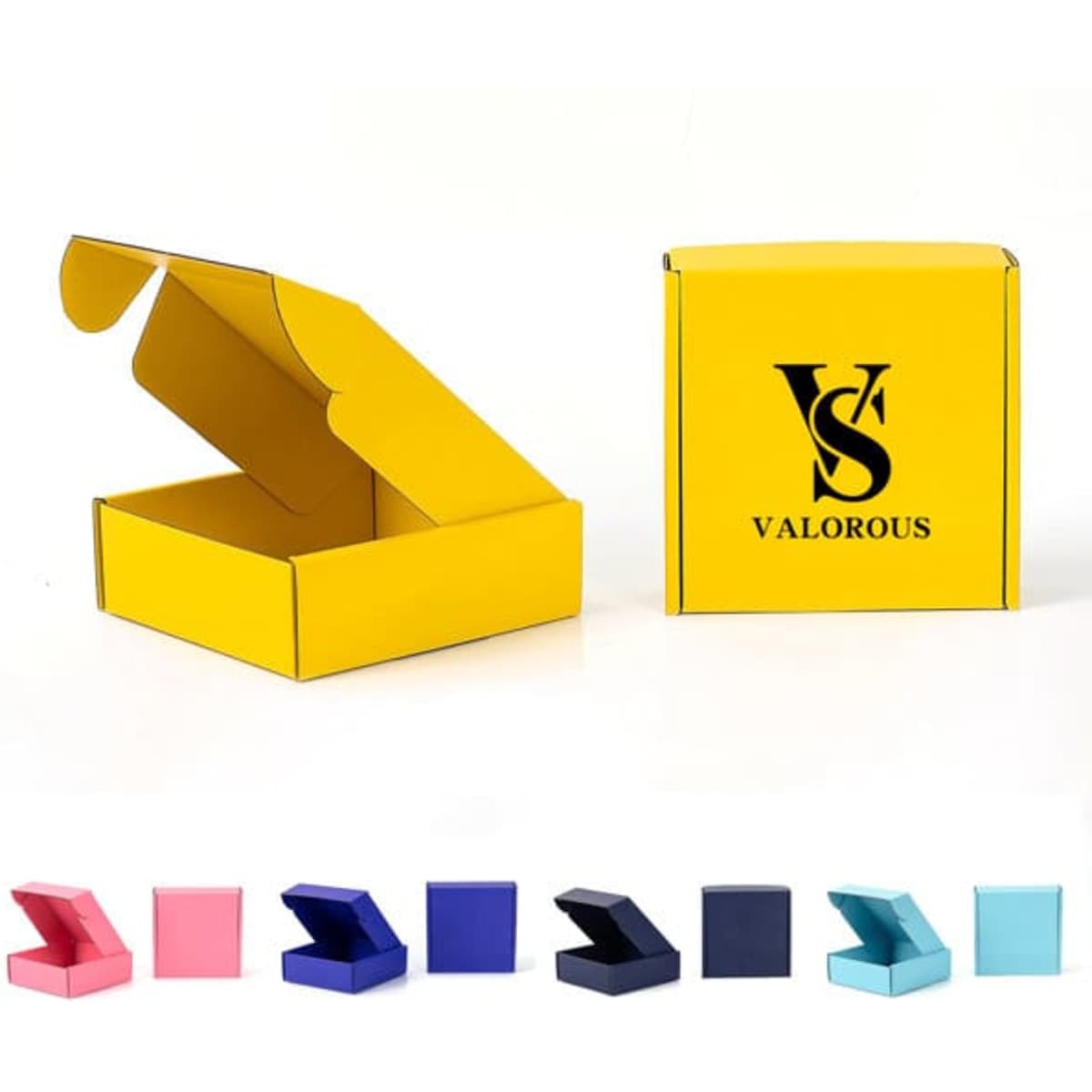 A yellow custom corrugated mailing box with an open flap and a logo, alongside various coloured boxes in shades of pink, blue, and teal.
