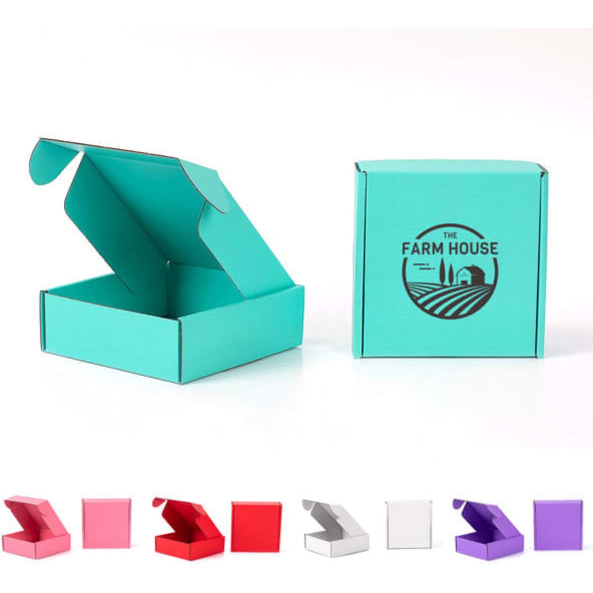 A turquoise custom mailing box with an open lid, alongside boxes in pink, red, white, and purple. Includes a logo.