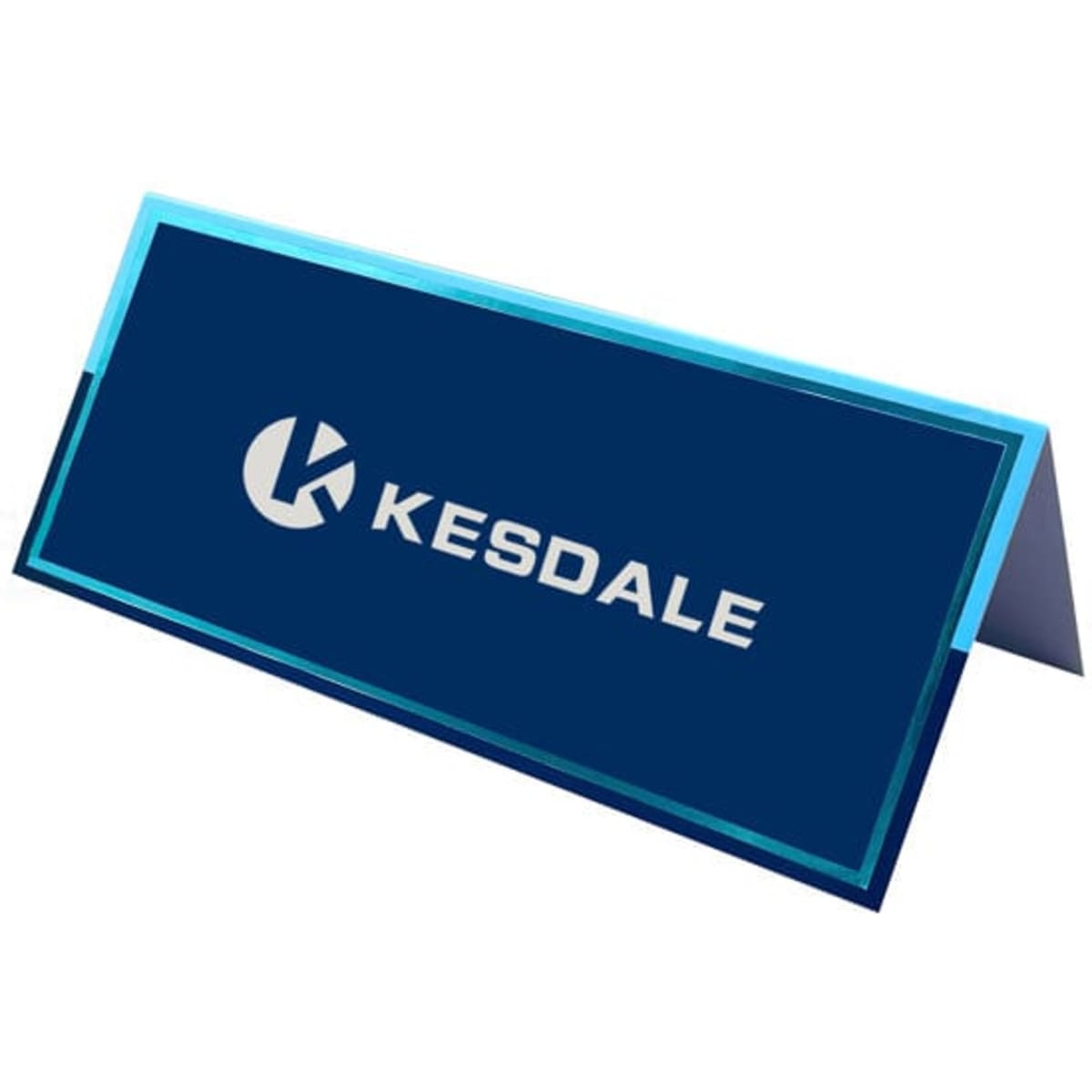 A custom header card in blue with a branding logo on the front, featuring a sleek triangular design.