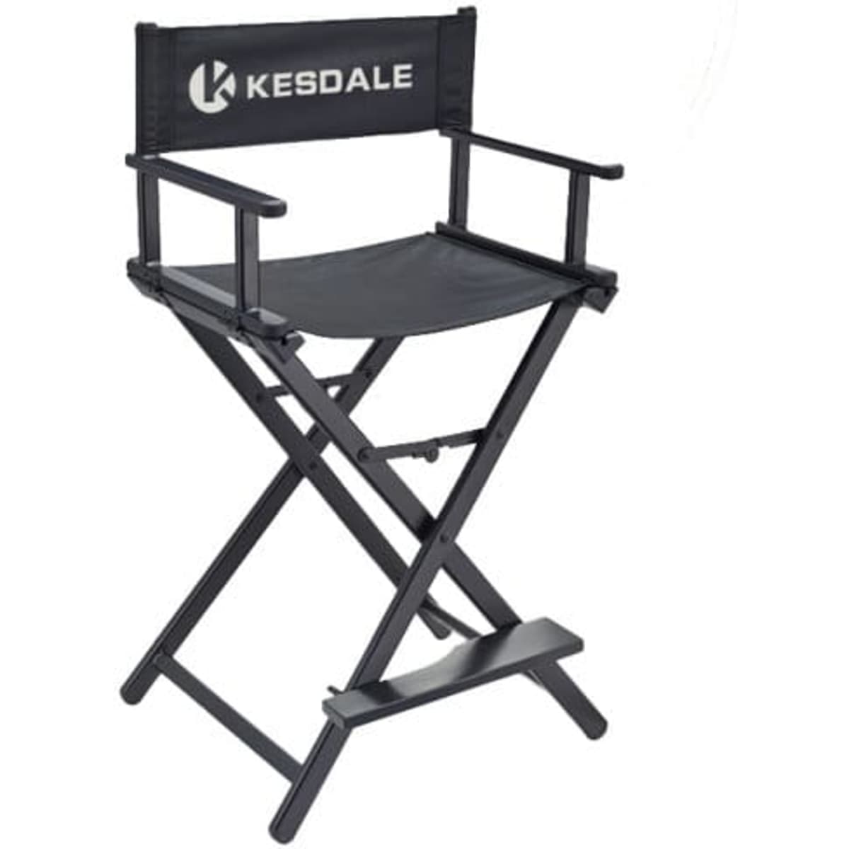 A foldable black makeup director chair with armrests and a logo on the backrest. Ideal for leisure or outdoor use.