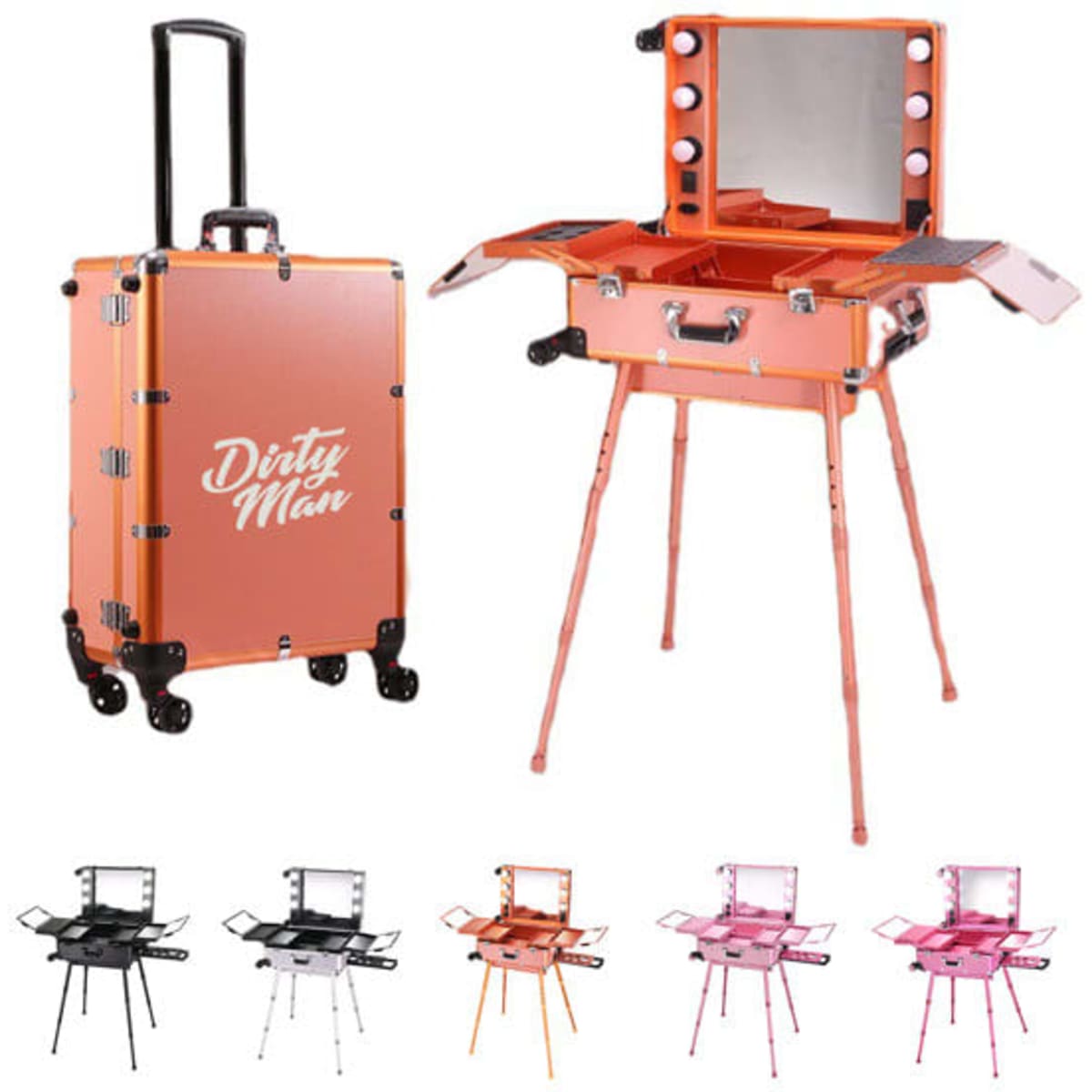 A wheeled makeup case in rose gold with an extendable handle and mirror, featuring multiple compartments and a logo.