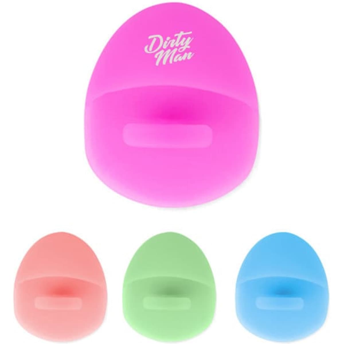 A pink silicone facial cleaning pad with a smooth surface, alongside pads in peach, green, and blue. Features a logo.