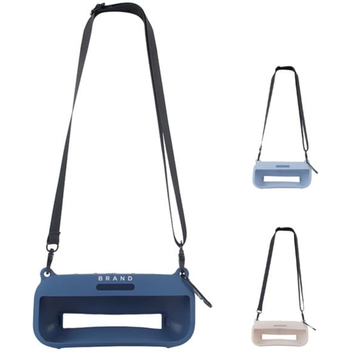 A silicone speaker protective case in blue, with an adjustable strap, featuring a logo and available in multiple colours.