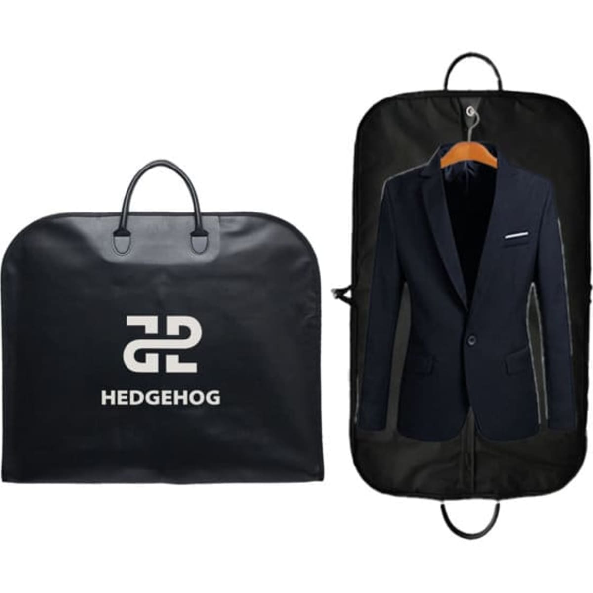 A black PU hanging garment bag with a logo, featuring a suit displayed inside.