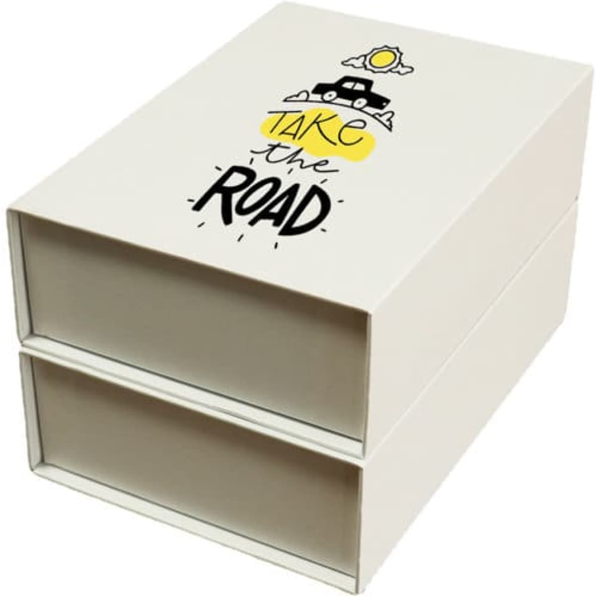 A white flip top magnetic gift box with a graphic design, featuring a car, clouds, and the phrase "Take the Road."