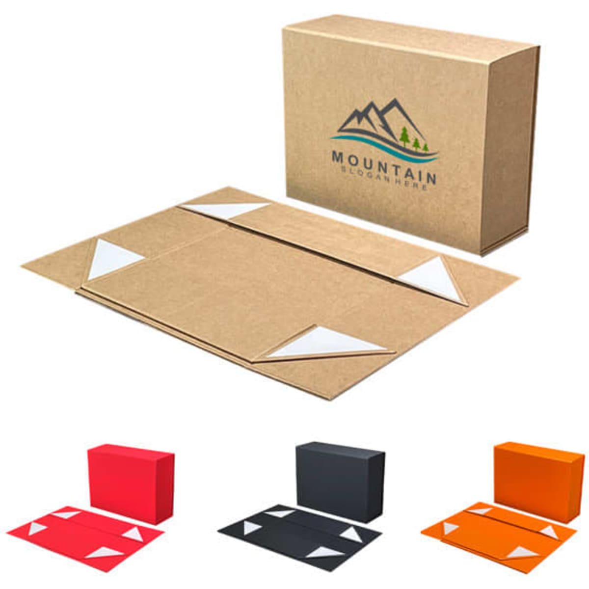 A custom foldable paper gift packaging box in natural brown, with red, black, and charcoal options, featuring a logo.