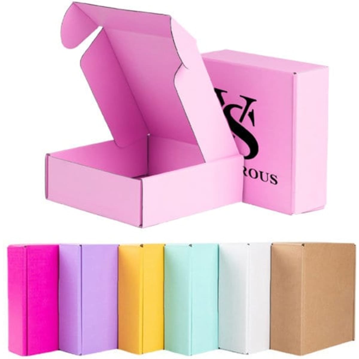 A pink custom corrugated mailing box, open to show its interior, alongside boxes in various colours including purple, yellow, and white.