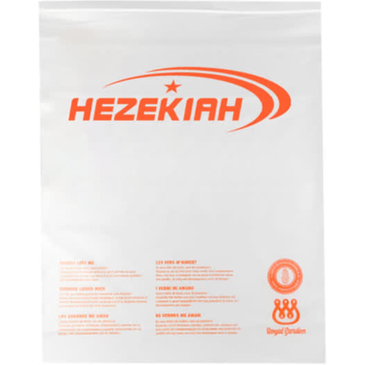 A clear biodegradable garment bag featuring an orange logo and branding on the front.