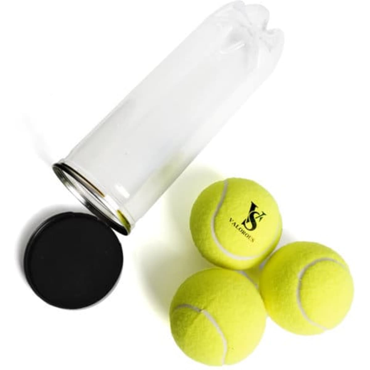 A clear container with a black lid and three bright yellow tennis balls. The container has a logo.