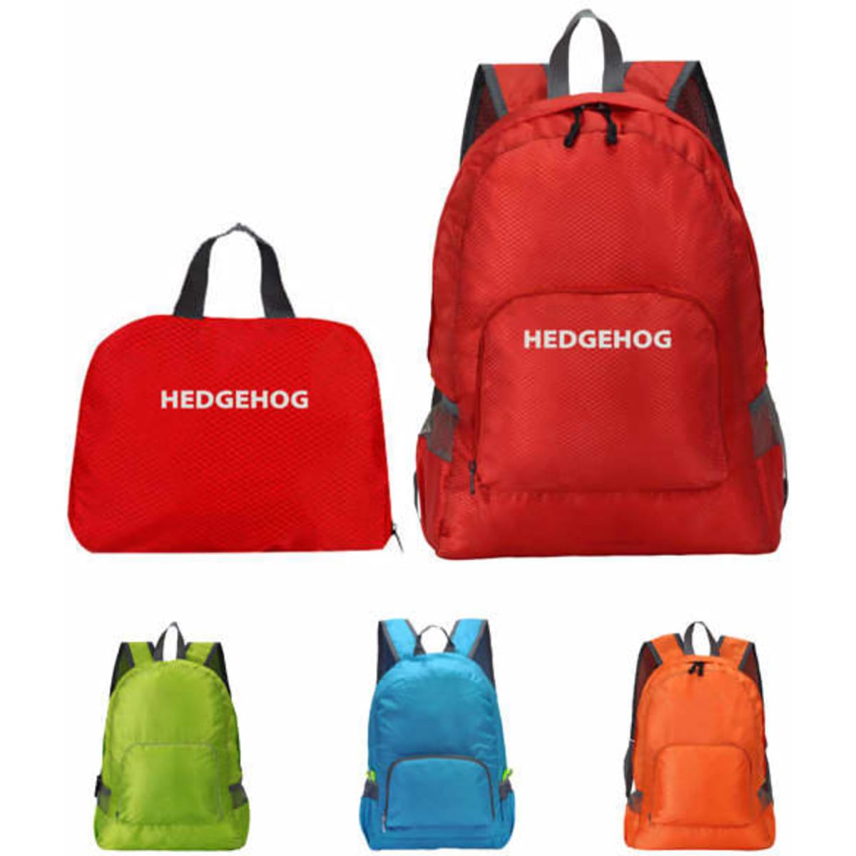 A red nylon foldable backpack with a logo, displayed alongside green, blue, and orange versions.