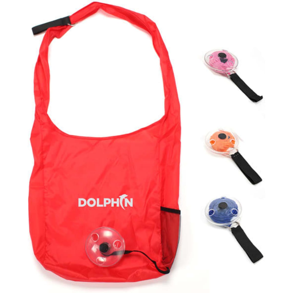 A red reusable shopping bag with a logo, featuring four different handle colours: pink, orange, blue, and black.
