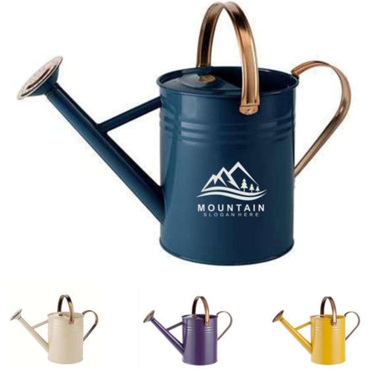 A watering can with two handles, available in navy blue, cream, purple, and yellow, featuring a logo.
