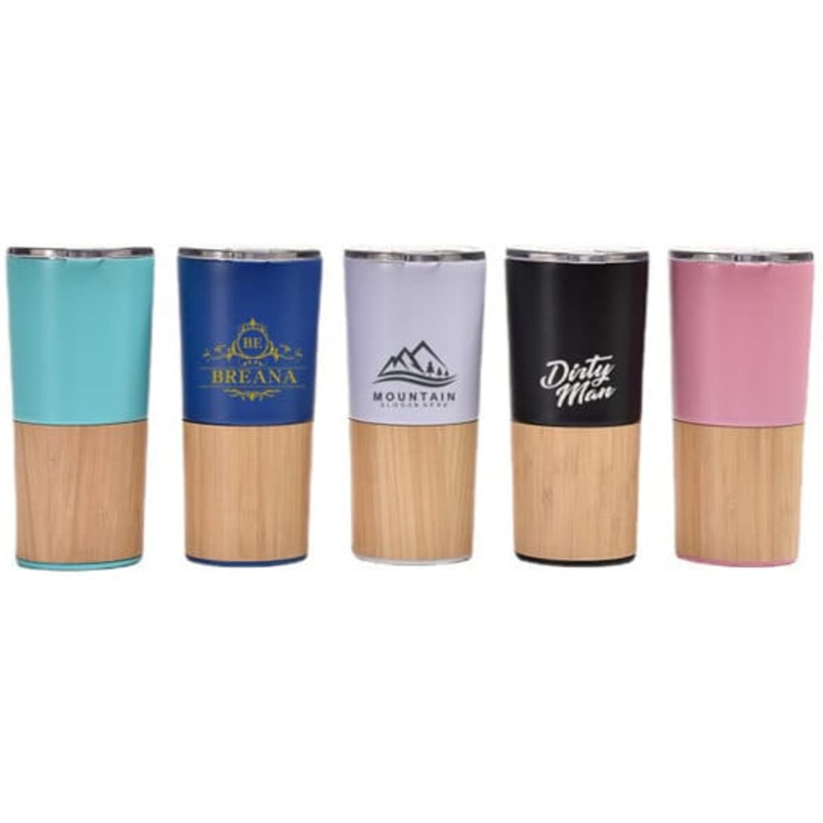 A coffee mug collection featuring various colours, a wood grain non-slip bottom, and branding on each vessel.