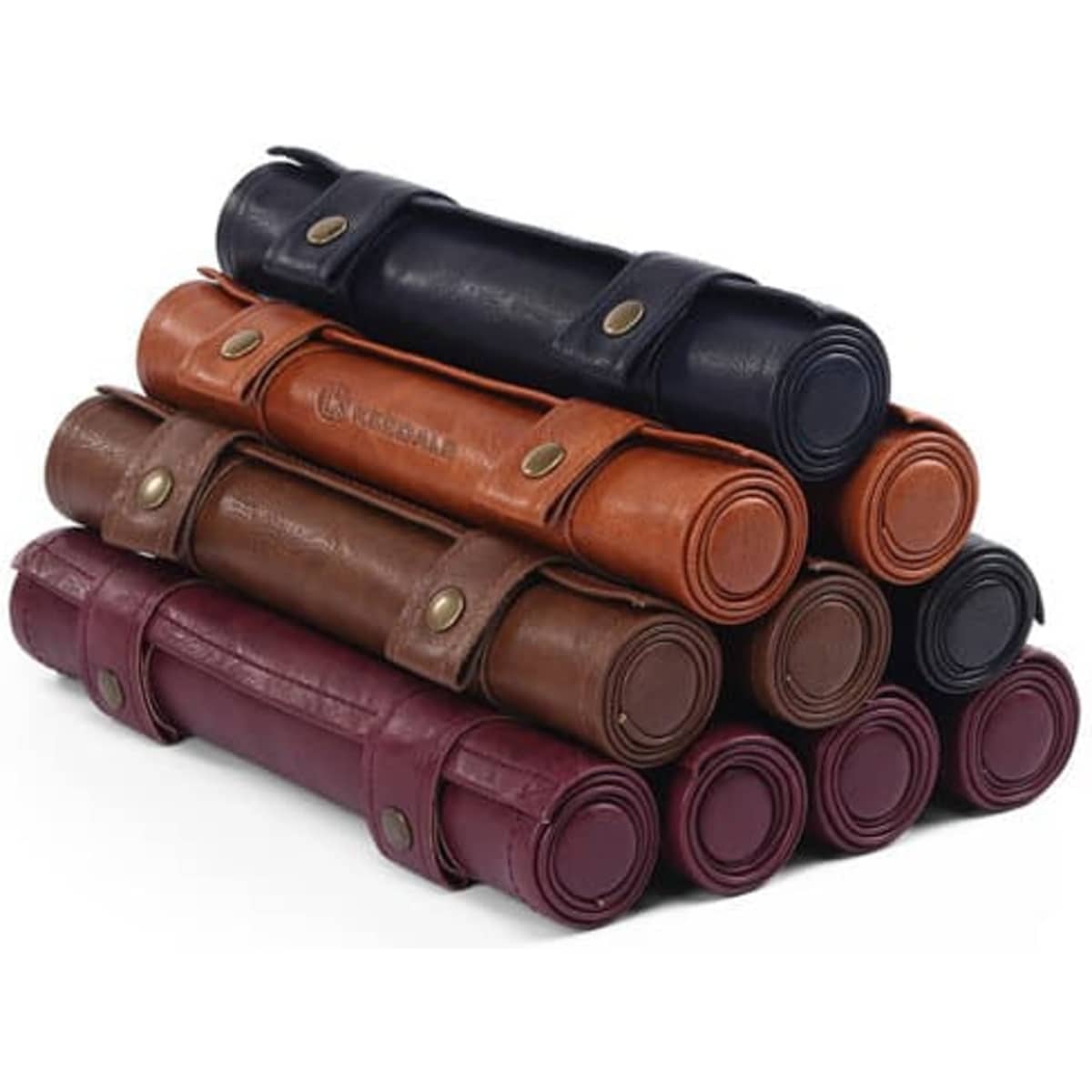 A stack of foldable PU leather scroll dice bags in various colours, featuring buttons and straps for closure.